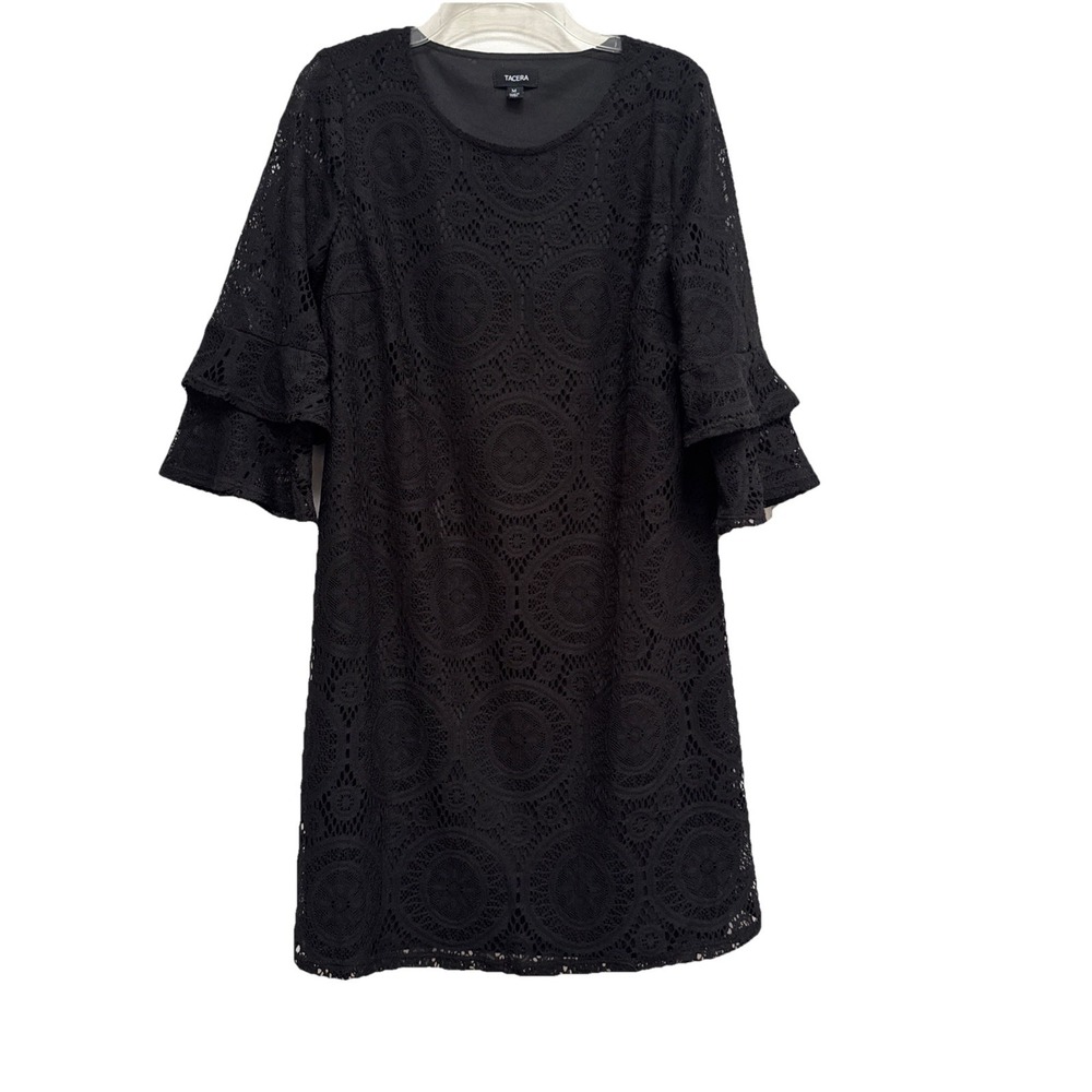 Tacera Women‎ Size M 3/4 Ruffled Bell Sleeve Black Floral Lace Shift Mini Dress